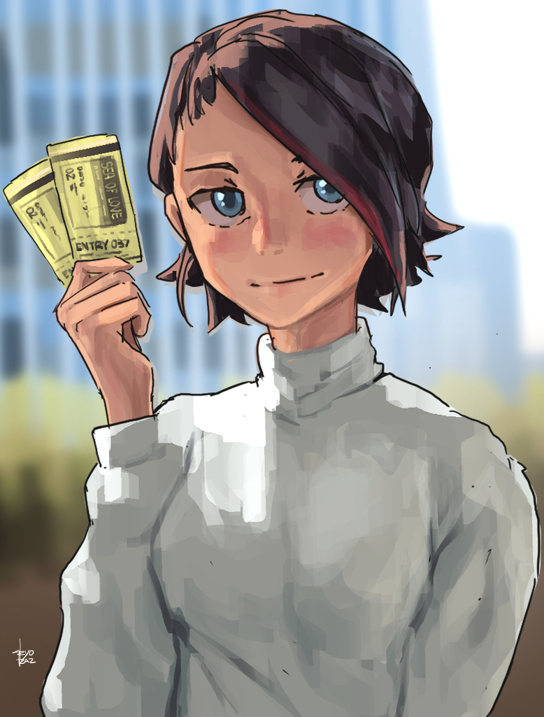 1girl blue_eyes blurry blurry_background brown_hair closed_mouth commentary day english_commentary faiz_azhar hand_up holding light_smile long_sleeves looking_at_viewer multicolored_hair original outdoors red_hair riva_isamu short_hair signature solo streaked_hair sweater ticket turtleneck turtleneck_sweater upper_body white_sweater