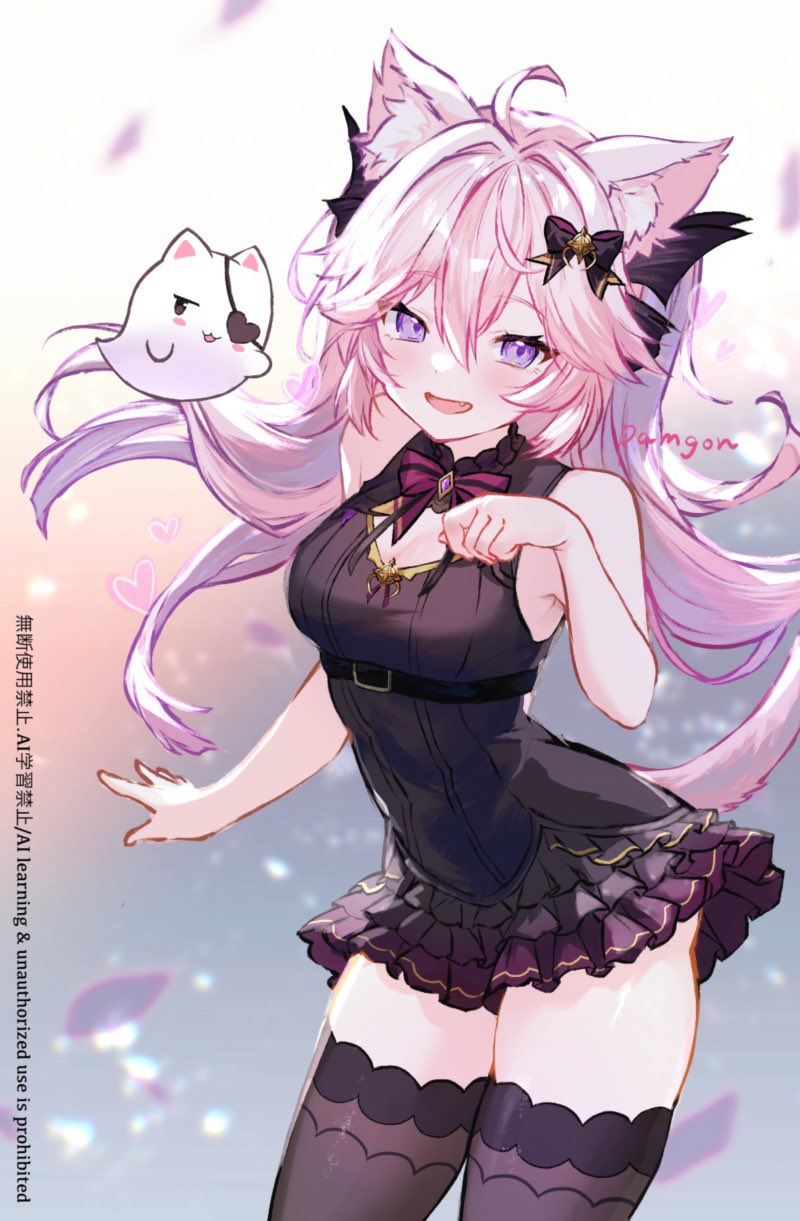 1girl ahoge animal_ear_fluff animal_ears armpit_crease bare_shoulders bow bowtie cat_ears cleavage_cutout clothing_cutout cowboy_shot double-parted_bangs fang hair_between_eyes hair_intakes highres indie_virtual_youtuber layered_skirt long_hair miniskirt nyatasha_nyanners open_mouth pampamgon paw_pose pink_hair pleated_skirt purple_eyes shirt skirt sleeveless sleeveless_shirt solo thighhighs virtual_youtuber zettai_ryouiki