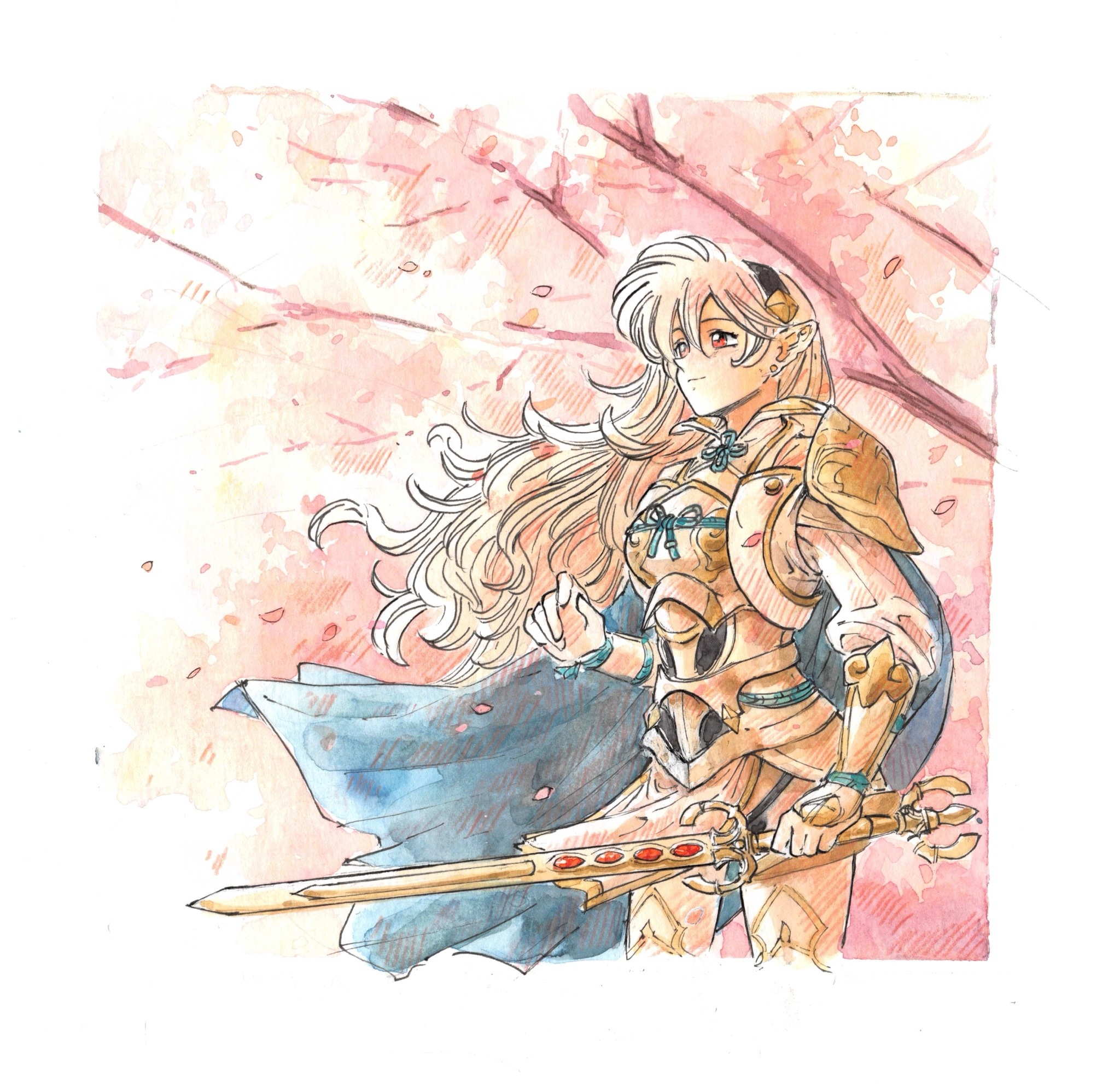 armor branch cape cherry_blossoms female_corrin_(fire_emblem) cropped_legs falling_petals fire_emblem fire_emblem_fates grey_hair hairband highres holding holding_sword holding_weapon kirbuart long_hair looking_to_the_side nintendo official_alternate_costume petals pointy_ears red_eyes smile sword tree weapon yato_(fire_emblem)