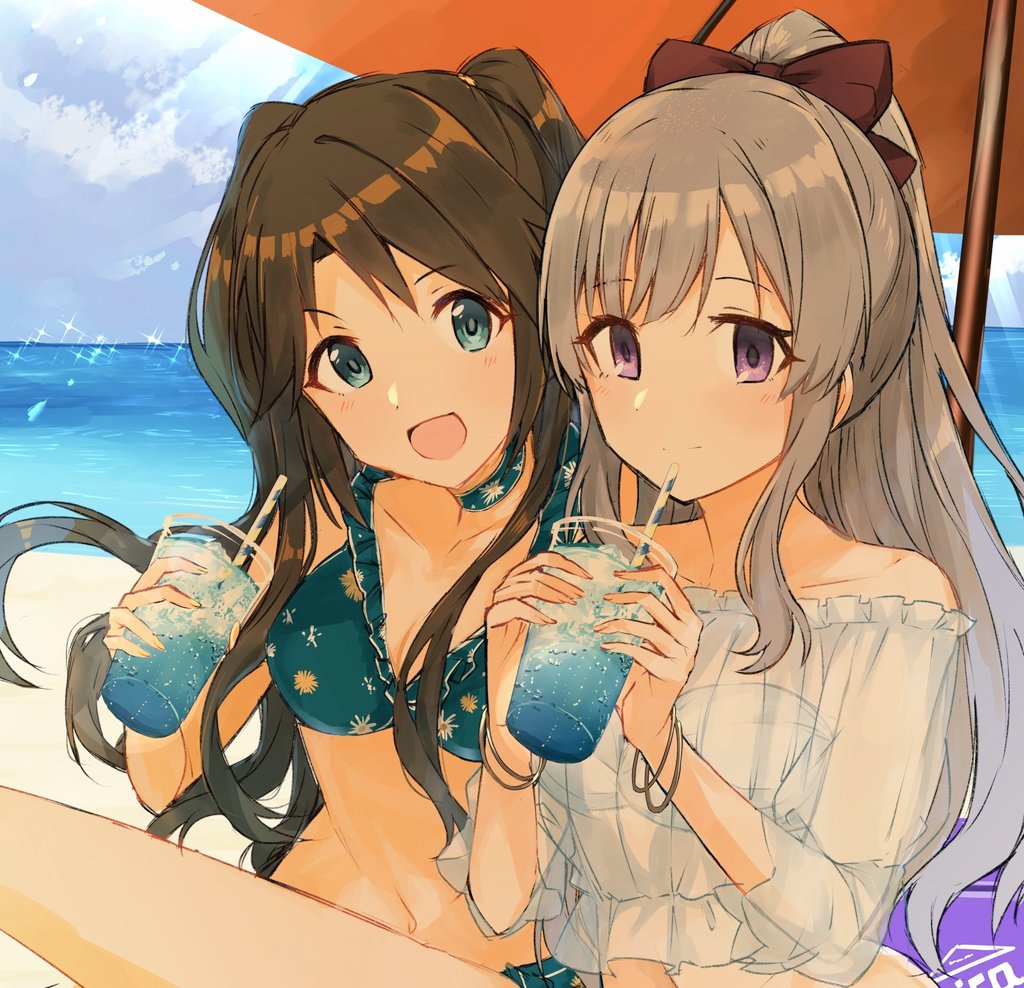 2girls beach beach_umbrella bikini black_hair blue_bikini blue_eyes breasts choker cleavage commentary cup drinking_straw floral_print grey_hair hanetsuka holding holding_cup ice ice_cube idolmaster idolmaster_shiny_colors long_hair mitsumine_yuika multiple_girls navel ocean open_mouth ponytail see-through_clothes see-through_shirt shirt small_breasts smile swimsuit two_side_up umbrella white_bikini yukoku_kiriko