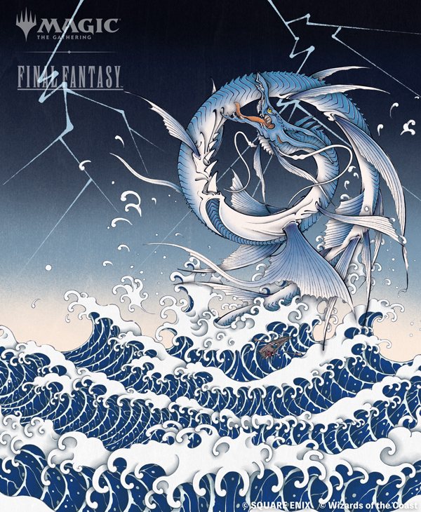 boat copyright_name copyright_notice fangs final_fantasy final_fantasy_xv fins full_body gradient_background leviathan_(final_fantasy) lightning magic:_the_gathering nakatsubo_kota official_art scales sea_serpent spines tidal_wave tongue watercraft waves yellow_eyes