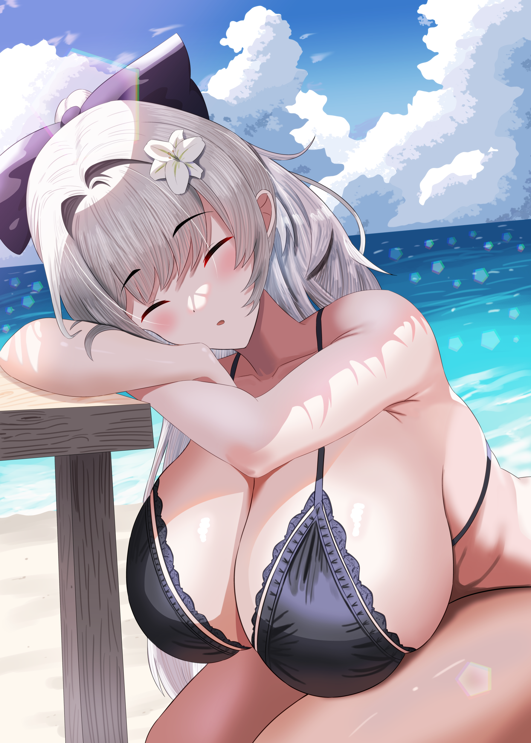 1girl absurdres aya-cis azur_lane beach bikini black_bikini blue_sky bow breasts breasts_on_lap closed_eyes cloud day grey_hair hair_bow highres horizon huge_breasts leaning_forward long_hair ocean official_alternate_costume outdoors purple_bow sagging_breasts sand sitting sky sleeping solo summer swimsuit vittorio_veneto_(azur_lane) vittorio_veneto_(the_flower_of_la_spezia)_(azur_lane) water