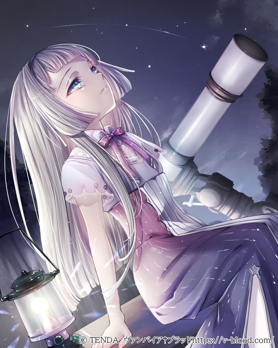 1girl black_hairband blue_eyes blunt_ends bow bowtie closed_mouth collared_shirt commentary_request from_side grey_hair hair_over_hairband hairband hane_segawa high-waist_skirt highres hime_cut kitty_florence lantern light_bulb long_hair long_skirt looking_up night official_art outdoors purple_bow purple_bowtie purple_skirt see-through_clothes see-through_cutout shirt short_sleeves sitting skirt solo star_(sky) telescope vampire_blood white_shirt