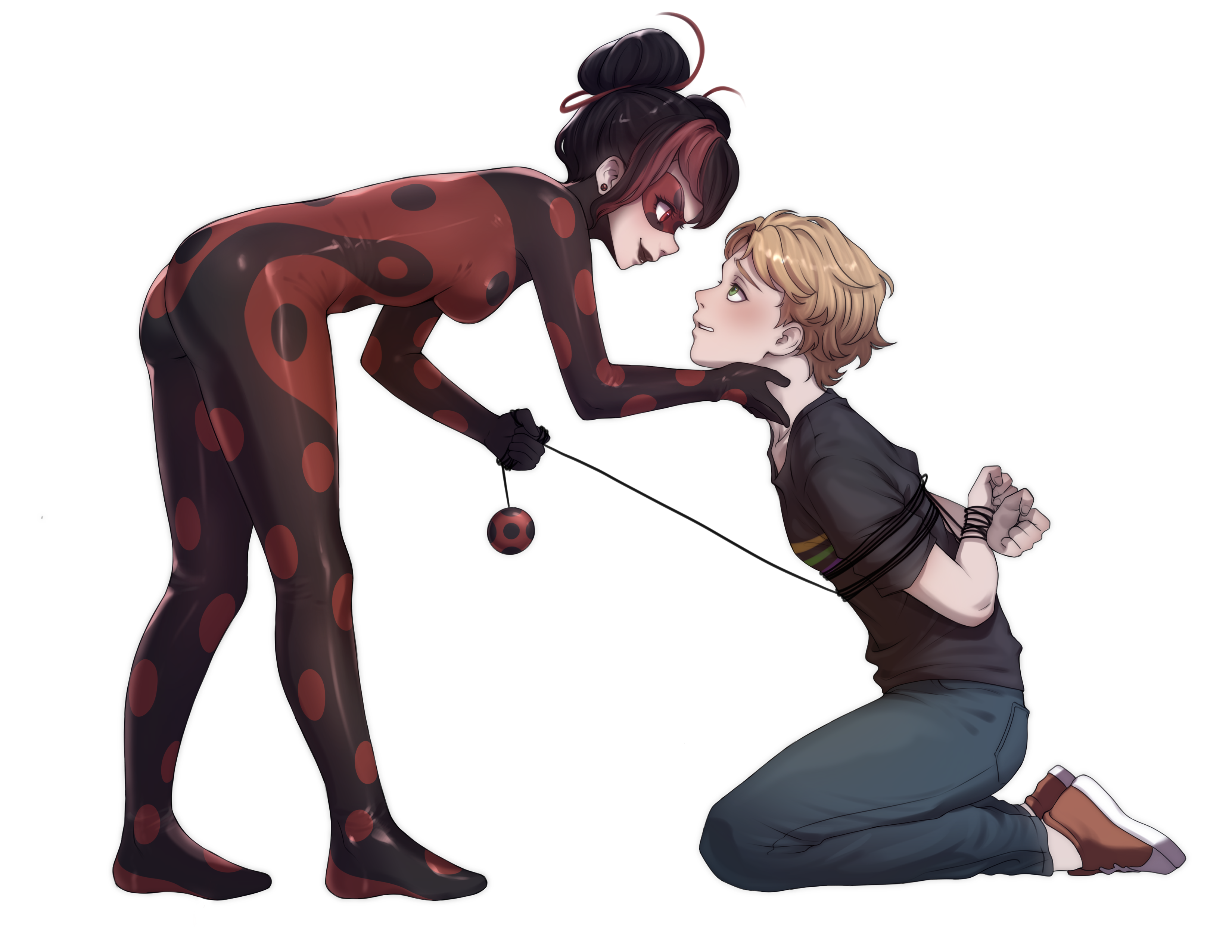 1boy 1girl absurdres adrien_agreste bdsm black_hair blonde_hair bodysuit bondage bound double_bun evil_smile green_eyes hair_bun hand_on_another&#039;s_chin highres keiori_(keiorix) marinette_dupain-cheng mask miraculous_ladybug red_eyes red_hair shadybug smile