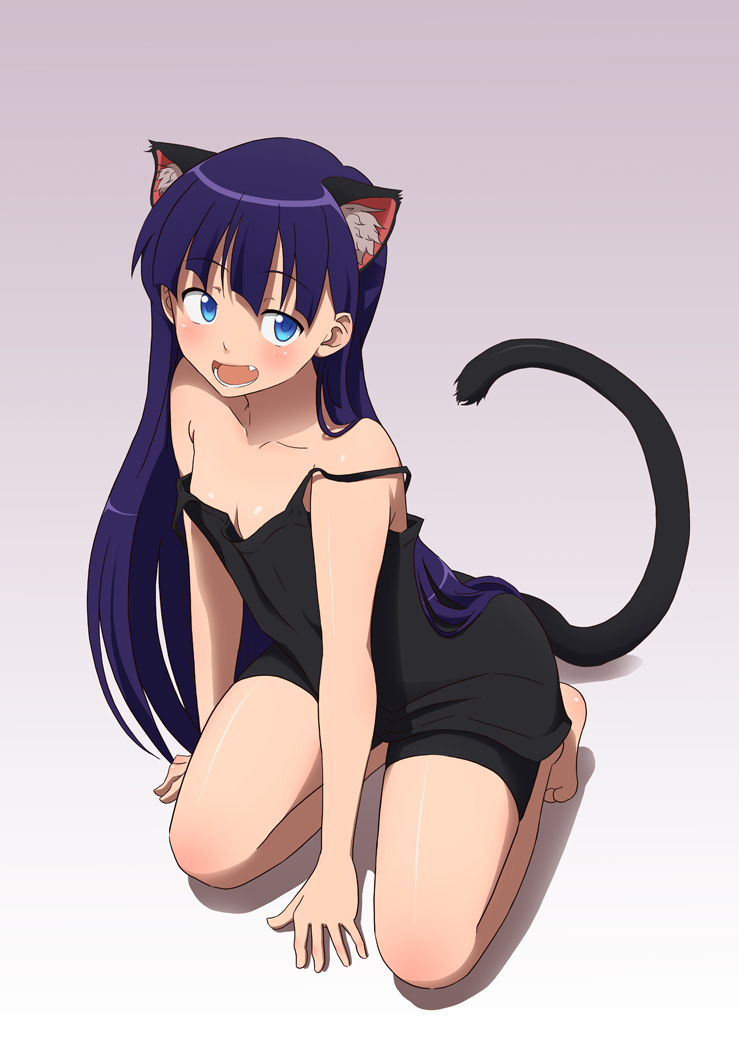 1girl animal_ears bare_shoulders blue_eyes blush breasts cat_ears cat_tail fang full_body kiyal_bachika kneeling long_hair looking_at_viewer murata_isshin open_mouth purple_hair simple_background small_breasts smile solo strap_slip tail tengen_toppa_gurren_lagann