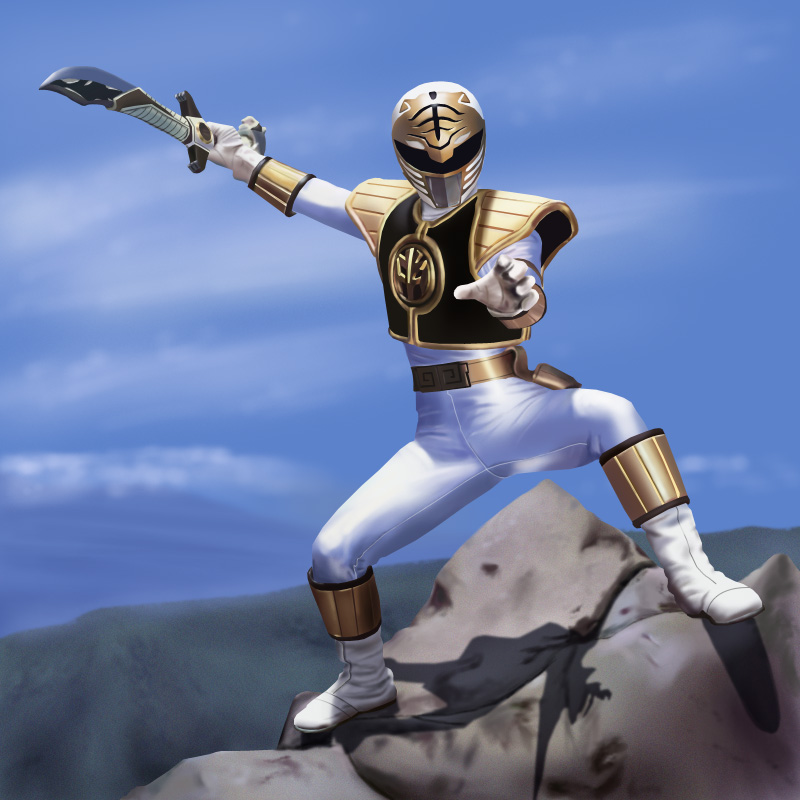 1boy armor blue_sky bodysuit boots cloud day fighting_stance gloves gosei_sentai_dairanger gradient_background hakase_(takkun-hakase) helmet holding holding_sword holding_weapon kiba_ranger male_focus outdoors outstretched_arms realistic rock shiny_clothes shoes sky solo spread_legs standing super_sentai sword weapon white_footwear white_gloves