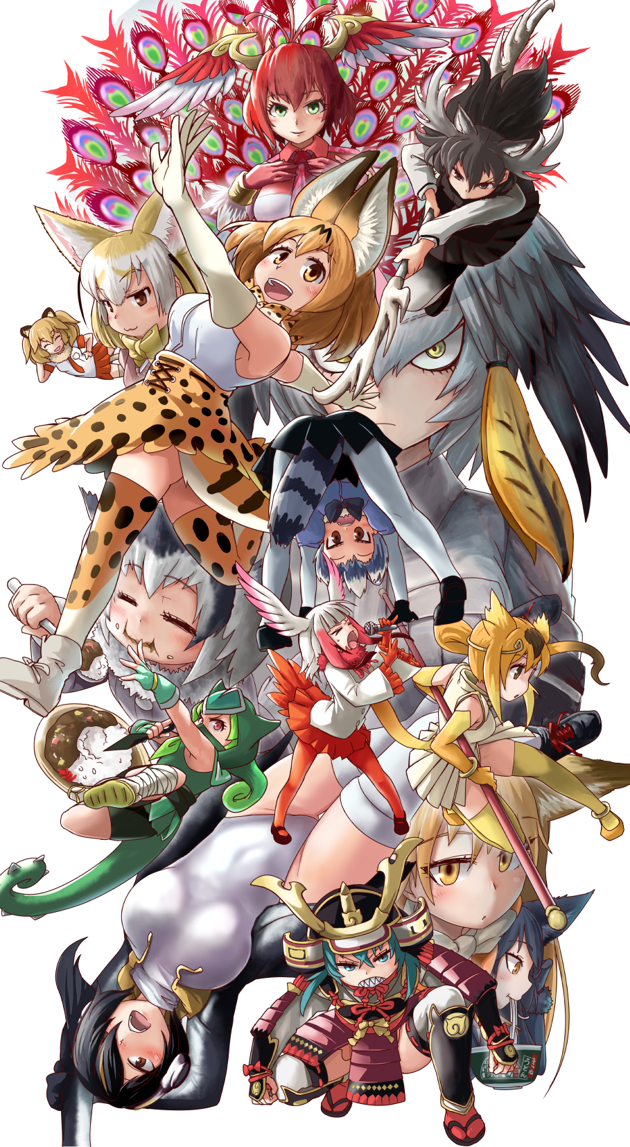 &gt;_&lt; 6+girls :3 :d animal_ear_fluff animal_ears animal_print ankle_wrap antlers armor bare_shoulders bird_tail blonde_hair blouse blunt_bangs brown_eyes chameleon_tail circlet clenched_teeth commentary_request common_raccoon_(kemono_friends) curry curry_rice d: doitsuken eating elbow_gloves emperor_penguin_(kemono_friends) extra_ears ezo_red_fox_(kemono_friends) fennec_(kemono_friends) fingerless_gloves food food_on_face fox_ears frown gloves golden_snub-nosed_monkey_(kemono_friends) green_eyes green_hair grey_hair hair_between_eyes hair_over_one_eye head_wings helmet highres horns japanese_armor japanese_crested_ibis_(kemono_friends) japari_symbol kabuto_(helmet) kemono_friends kunai leotard lion_(kemono_friends) long_hair looking_through_own_legs microphone moose_(kemono_friends) multicolored_hair multiple_girls music noodles northern_white-faced_owl_(kemono_friends) open_mouth outstretched_arms panther_chameleon_(kemono_friends) pantyhose peacock_feathers pleated_skirt print_legwear print_skirt raccoon_tail red_gloves red_hair red_legwear red_skirt rice serval_(kemono_friends) serval_tail sharp_teeth shirt shoebill_(kemono_friends) short_hair silver_fox_(kemono_friends) simple_background singing skirt smile spoon staff striped_tail suzaku_(kemono_friends) tail teeth thighhighs tsuchinoko_(kemono_friends) tsurime udon weapon white_background white_hair white_legwear white_leotard white_shirt white_skirt wings yellow_eyes yellow_gloves yellow_legwear