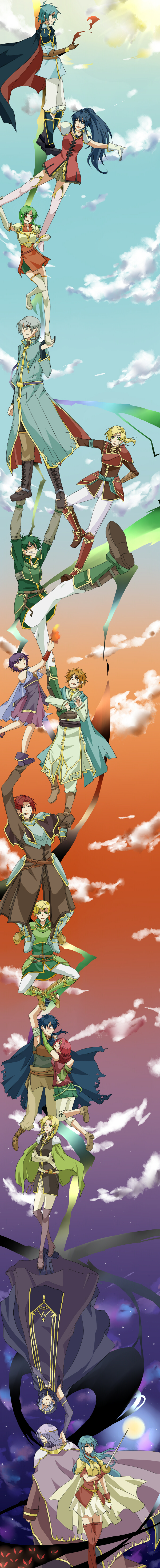 6+boys 6+girls absurdres armor artur_(fire_emblem) blonde_hair blue_eyes blue_hair boots cape colm_(fire_emblem) durarara!! eirika_(fire_emblem) ephraim_(fire_emblem) fire fire_emblem fire_emblem:_the_sacred_stones forde_(fire_emblem) franz_(fire_emblem) green_eyes green_hair highres innes_(fire_emblem) knoll_(fire_emblem) kyle_(fire_emblem) long_image lute_(fire_emblem) lyon_(fire_emblem) multiple_boys multiple_girls neimi_(fire_emblem) nintendo orange_hair parody pink_eyes pink_hair purple_eyes purple_hair red_hair selena_(fire_emblem:_the_sacred_stones) seth_(fire_emblem) sky sun tall_image tana_(fire_emblem) thigh_boots thighhighs trust_me_(durarara!!) unitemirror vanessa_(fire_emblem)