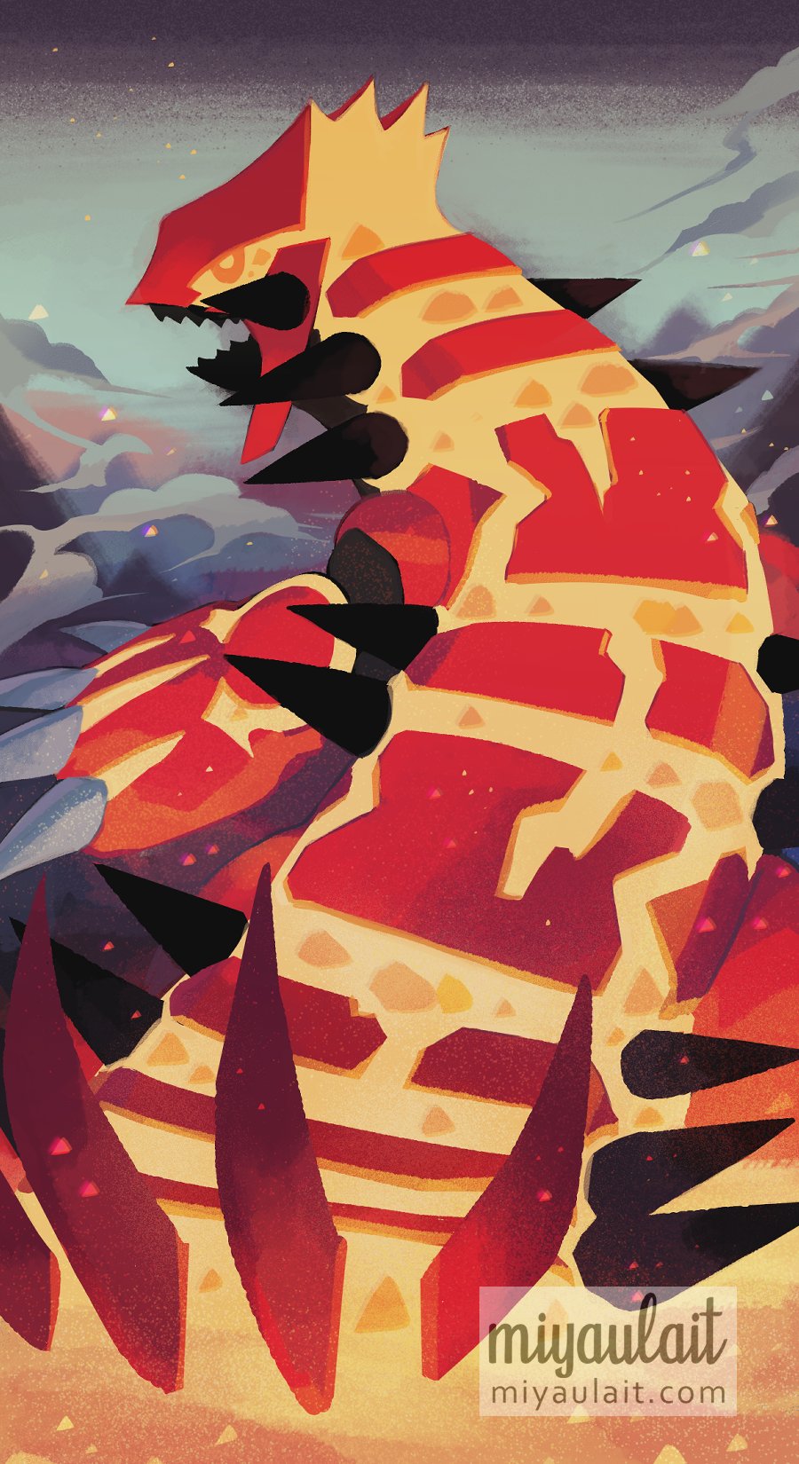 artist_name claws from_behind gen_3_pokemon groudon highres legendary_pokemon miyaulait nintendo no_humans orange_eyes outdoors pokemon pokemon_(creature) primal_groudon signature solo watermark web_address yellow_pupils