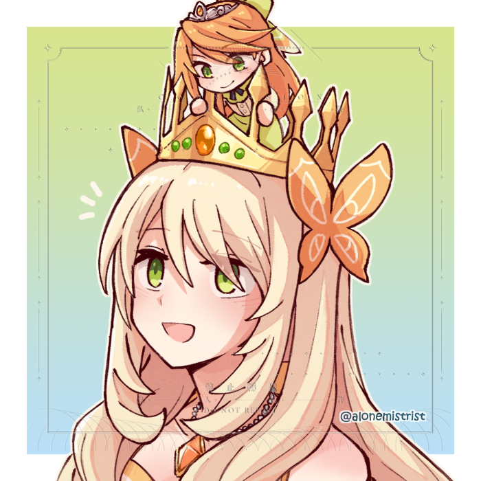 2girls alonemistrist blonde_hair butterfly_hair_ornament celine_(fire_emblem) chibi commission crown etie_(fire_emblem) fire_emblem fire_emblem_engage green_eyes hair_ornament multiple_girls nintendo open_mouth orange_hair princess solo_focus tiara