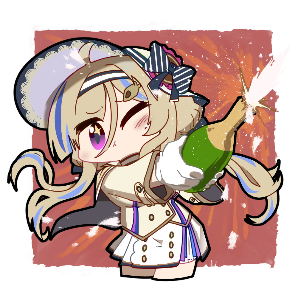 1girl artist_request blonde_hair blue_hair champagne_bottle chibi chibi_only chinese_commentary furrowed_brow girls&#039;_frontline girls&#039;_frontline_neural_cloud gloves hairband hat jacket millau_(neural_cloud) official_art one_eye_closed opening_bottle purple_eyes second-party_source skirt solo sparkling_eyes spraying sun_hat white_gloves white_skirt yellow_jacket