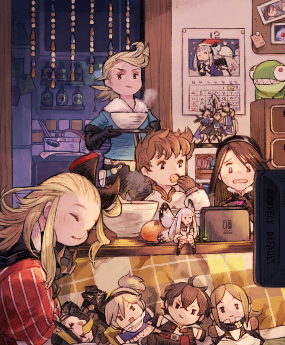 2boys 3girls adelle_ein agnes_oblige airy_(bravely_default) blonde_hair blue_shirt bottle bow bowl bravely_default:_flying_fairy bravely_default_(series) bravely_default_ii bravely_second:_end_layer brown_eyes brown_hair butterfly_wings calendar_(object) character_doll closed_eyes doll eating edea_lee elbow_gloves elvis_lesley fairy fairy_wings figure food fruit gloria_neu_musa gloves hair_bow hairband highres indoors insect_wings irono16 janne_angard kotatsu long_hair magnolia_arch mandarin_orange multiple_boys multiple_girls nikolai_nikolanikov nintendo_switch open_mouth pompadour ringabel scared seth_(bravley_default) shirt short_hair sleeping slice_of_life smile standing steam table television tiz_arrior watching_television white_shirt wings yew_geneolgia