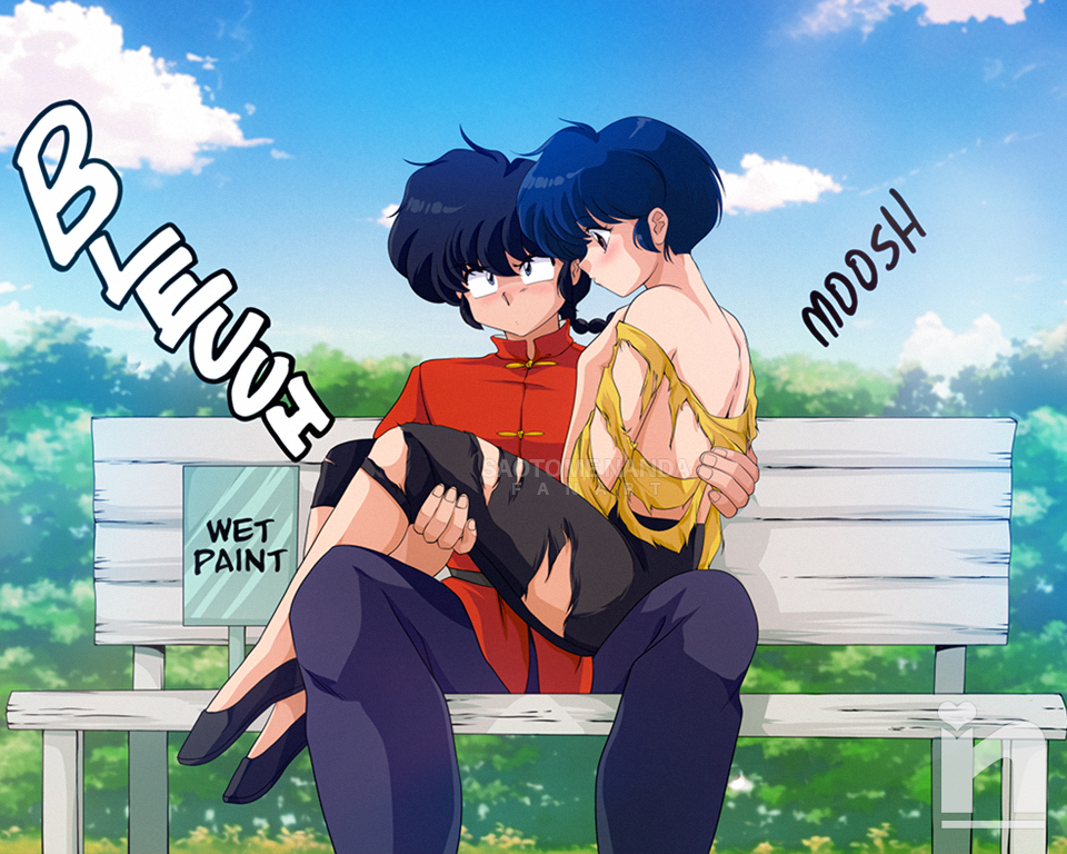 1boy 1girl back blue_eyes blue_hair blue_sky blush braid braided_ponytail cloud cloudy_sky comic_panel_redraw derivative_work english_text holding outdoors park ranma_1/2 redrawn saotome_nanda saotome_ranma short_hair sitting sky tendou_akane torn_clothes tree
