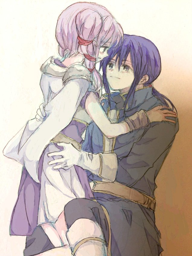 1boy 1girl blue_hair fire_emblem fire_emblem:_genealogy_of_the_holy_war gloves kitano_373 long_hair nintendo purple_hair seliph_(fire_emblem) simple_background smile tine_(fire_emblem) twintails white_background
