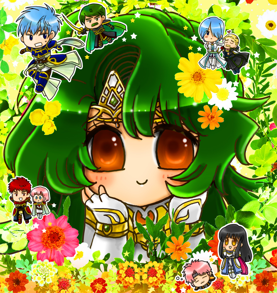 4boys 5girls :&lt; :3 :d armor astrid_(fire_emblem) bastian_(fire_emblem) black_hair blonde_hair blue_eyes blue_hair blush cape chibi dreamsaga elincia_ridell_crimea elincia_ridell_crimea_(undaunted_queen) facial_hair fire_emblem fire_emblem:_radiant_dawn flower geoffrey_(fire_emblem) green_hair hair_over_one_eye headband kieran_(fire_emblem) lucia_(fire_emblem) makalov_(fire_emblem) marcia_(fire_emblem) multiple_boys multiple_girls mustache nintendo open_mouth orange_eyes pink_hair red_eyes red_hair renning_(fire_emblem) smile sword weapon