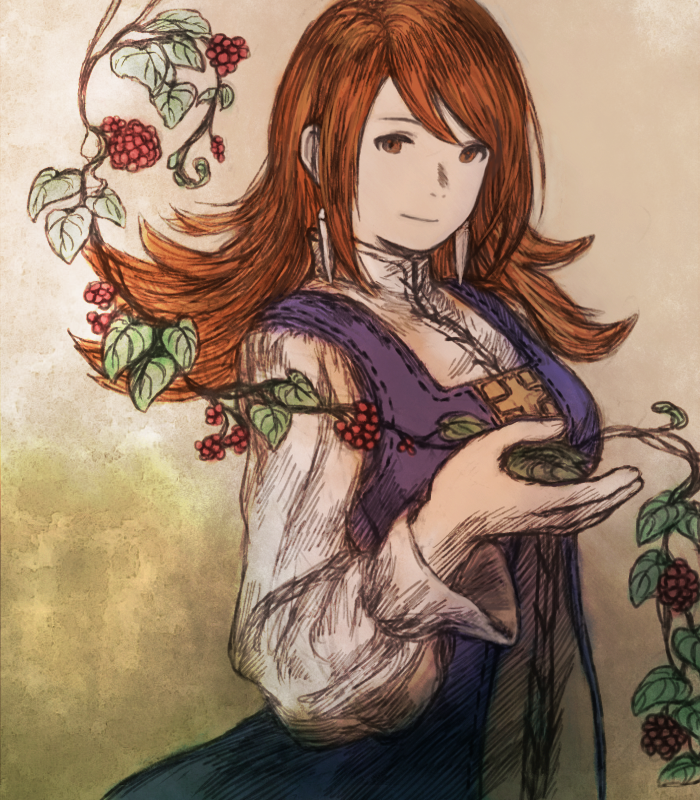 1girl breasts brown_eyes closed_mouth commentary_request curly_hair dress earrings female_focus final_fantasy final_fantasy_iii jewelry long_hair looking_at_viewer maeka_(kumaekake) medium_breasts orange_hair refia smile solo