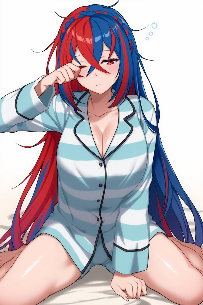1girl female_alear_(fire_emblem) blue_hair braid breasts cleavage crossed_bangs fire_emblem fire_emblem_engage hair_between_eyes highres large_breasts long_hair looking_at_viewer multicolored_hair nintendo pyo_3300 red_eyes red_hair sleepwear solo split-color_hair thighs two-tone_hair very_long_hair waking_up
