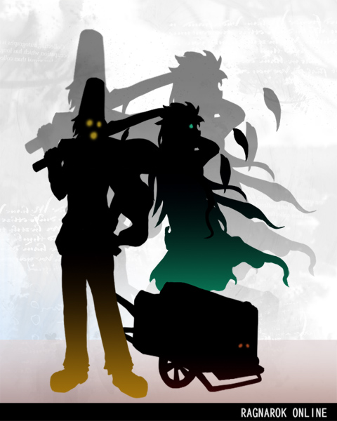 1boy 1girl alchemist_(ragnarok_online) commentary_request copyright_name daike_(yataka) dress full_body holding holding_sword holding_weapon lif_(ragnarok_online) long_hair pants pullcart ragnarok_online shadow shirt shoes short_hair silhouette standing sword weapon white_background