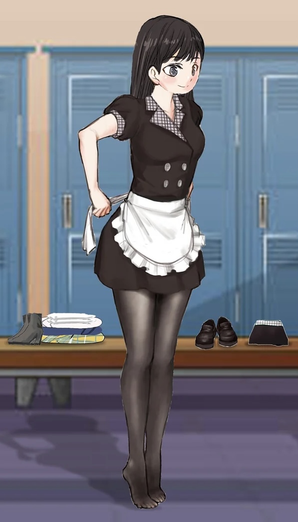 1girl adjusting_apron apron avataro_sentai_donbrothers black_dress black_hair breasts cafe cafe_maid_(love_live!) changing_clothes changing_room costume_change dress elegant folded_clothes getting_dressed grey_eyes kissa_donbura kito_haruka locker locker_room long_hair maid maid_apron medium_breasts pantyhose shoes solo super_sentai thighs trying_on_clothes tying_apron uniform_dress unworn_shoes waitress waitress_uniform