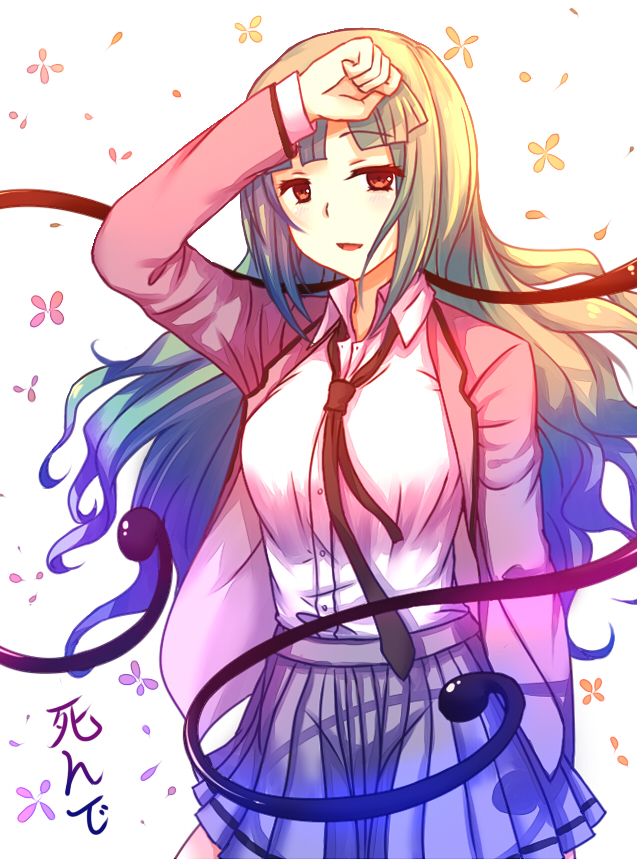 1girl ansatsu_kyoushitsu black_necktie brown_eyes collared_shirt green_hair grey_jacket grey_skirt isumi_(yangyan) jacket kayano_kaede kunugigaoka_middle_school_uniform long_hair necktie open_clothes open_jacket pleated_skirt school_uniform shirt skirt solo tentacles upper_body white_shirt yukimura_akari