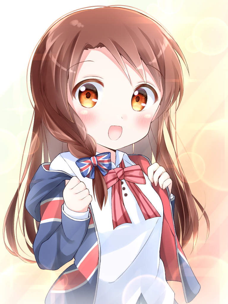 1girl blouse bow bowtie braid brown_hair collared_shirt hair_ornament hood hoodie kin-iro_mosaic long_hair matsubara_honoka melon_kohashi open_mouth shirt smile solo striped_bow striped_bowtie striped_clothes union_jack white_shirt