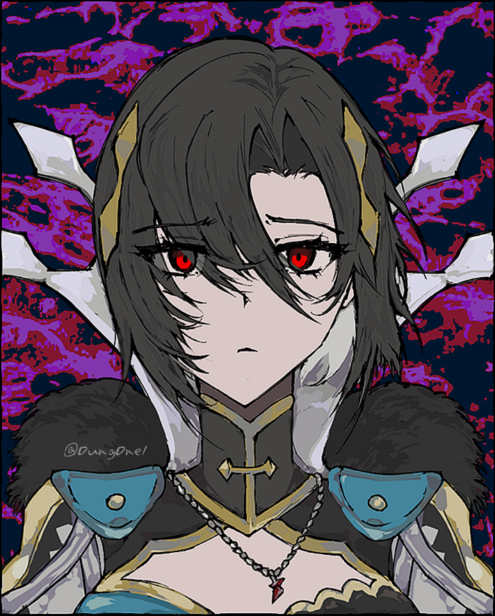 0ung0ne1 1girl black_fur black_hair closed_mouth eyelashes fire_emblem fire_emblem_engage fur_trim hair_between_eyes jewelry looking_at_viewer necklace nel_(fire_emblem) nintendo red_eyes short_hair solo twitter_username upper_body
