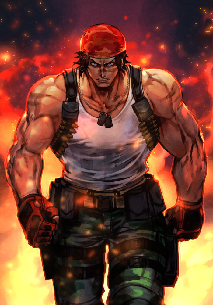 1boy bandana blue_eyes brown_hair bullet clenched_hands cowboy_shot dog_tags gloves green_pants hungry_clicker male_focus muscular muscular_male pants pouch ralf_jones red_bandana short-haired_girl_(osomatsu-san) snk solo tank_top the_king_of_fighters the_king_of_fighters_xv walking white_tank_top