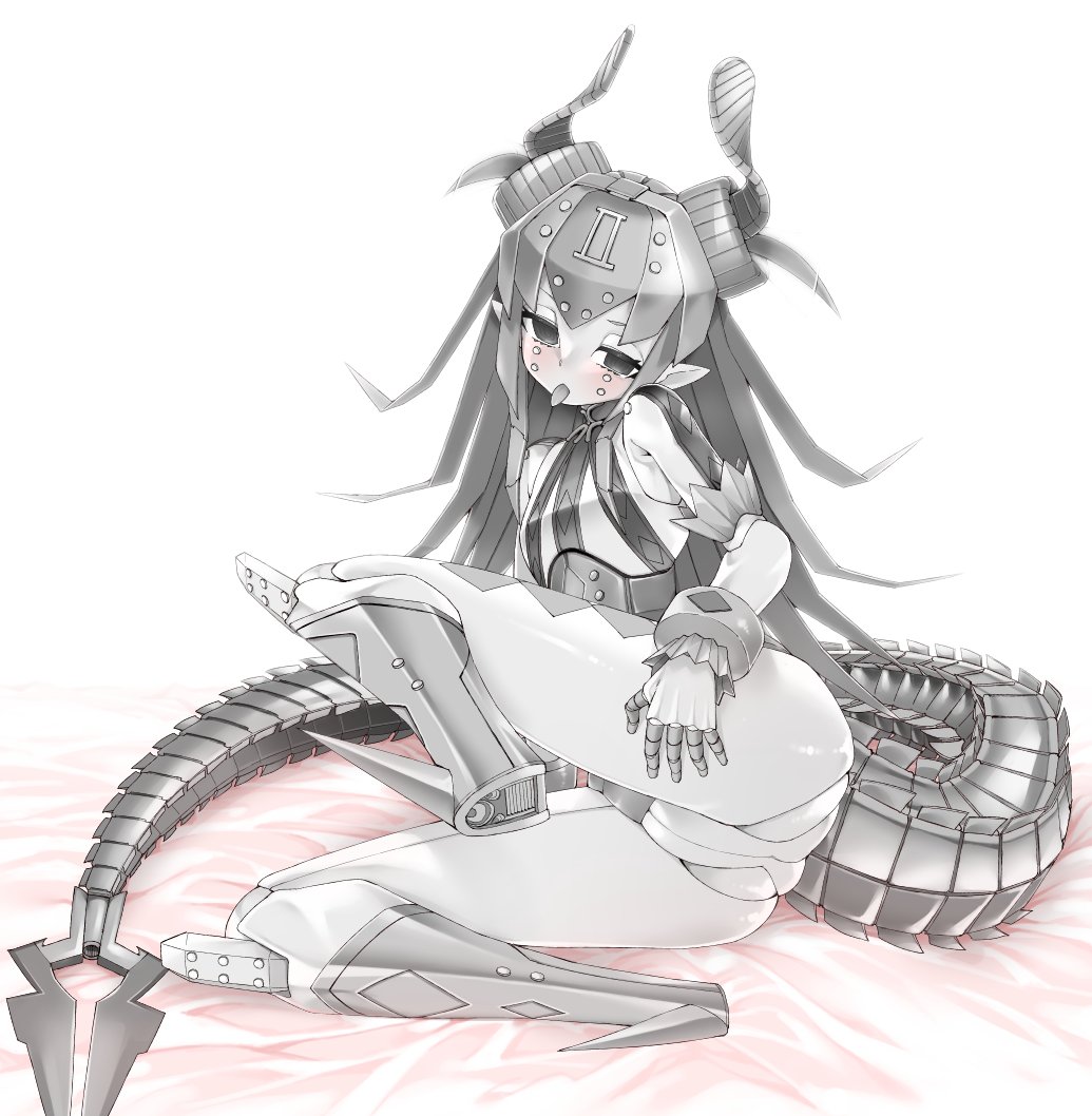 akitsuki_itsuki ass bed_sheet blush colored_skin elizabeth_bathory_(fate) fate/grand_order fate_(series) grey_eyes grey_hair grey_skin grey_theme horns joints long_hair looking_at_viewer lying mecha_eli-chan_mk.ii_(fate) mechanical_tail no_feet on_side panties pointy_ears robot robot_joints simple_background sitting tail tongue tongue_out trefoil underwear white_background