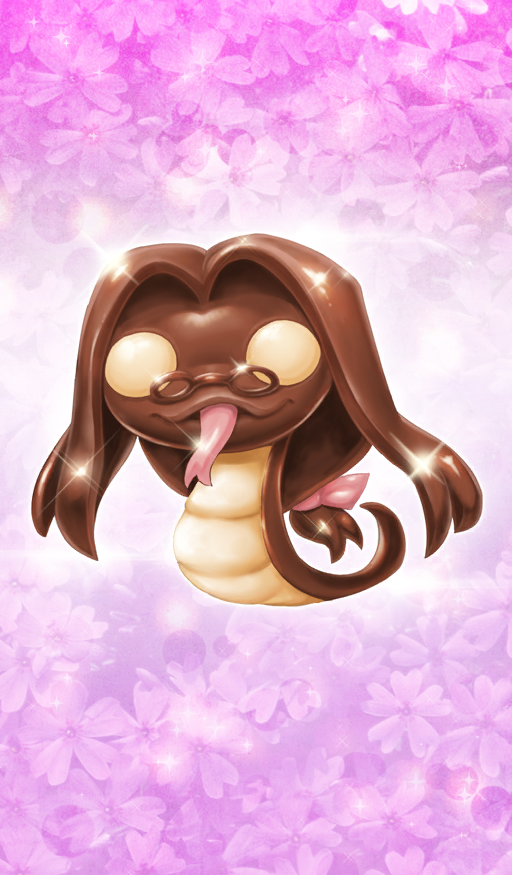 bow chocolate commentary fate/grand_order fate_(series) floral_background food_focus forked_tongue glasses lasengle medusa_(fate) medusa_(rider)_(fate) no_humans official_art pink_background pink_bow snake third-party_source tongue white_chocolate