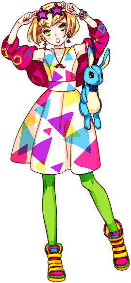 1girl animal_bag bag blonde_hair dress fashion girls_mode girls_mode_4:_star_stylist green_eyes green_pantyhose handbag hotaru_ori jacket multicolored_dress multicolored_shoes official_art pantyhose pink_jacket rabbit_bag shoes short_hair sneakers solo star-shaped_eyewear star_(symbol) sunglasses tachi-e third-party_source transparent_background