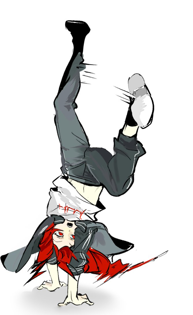 1girl breakdance cardiogram drill_hair full_body grey_pants huan1034097 jacket kasane_teto open_mouth pants red_eyes red_hair shirt simple_background solo track_jacket track_pants twin_drills ultra_trailer_(synthesizer_v) upside-down utau white_background white_shirt