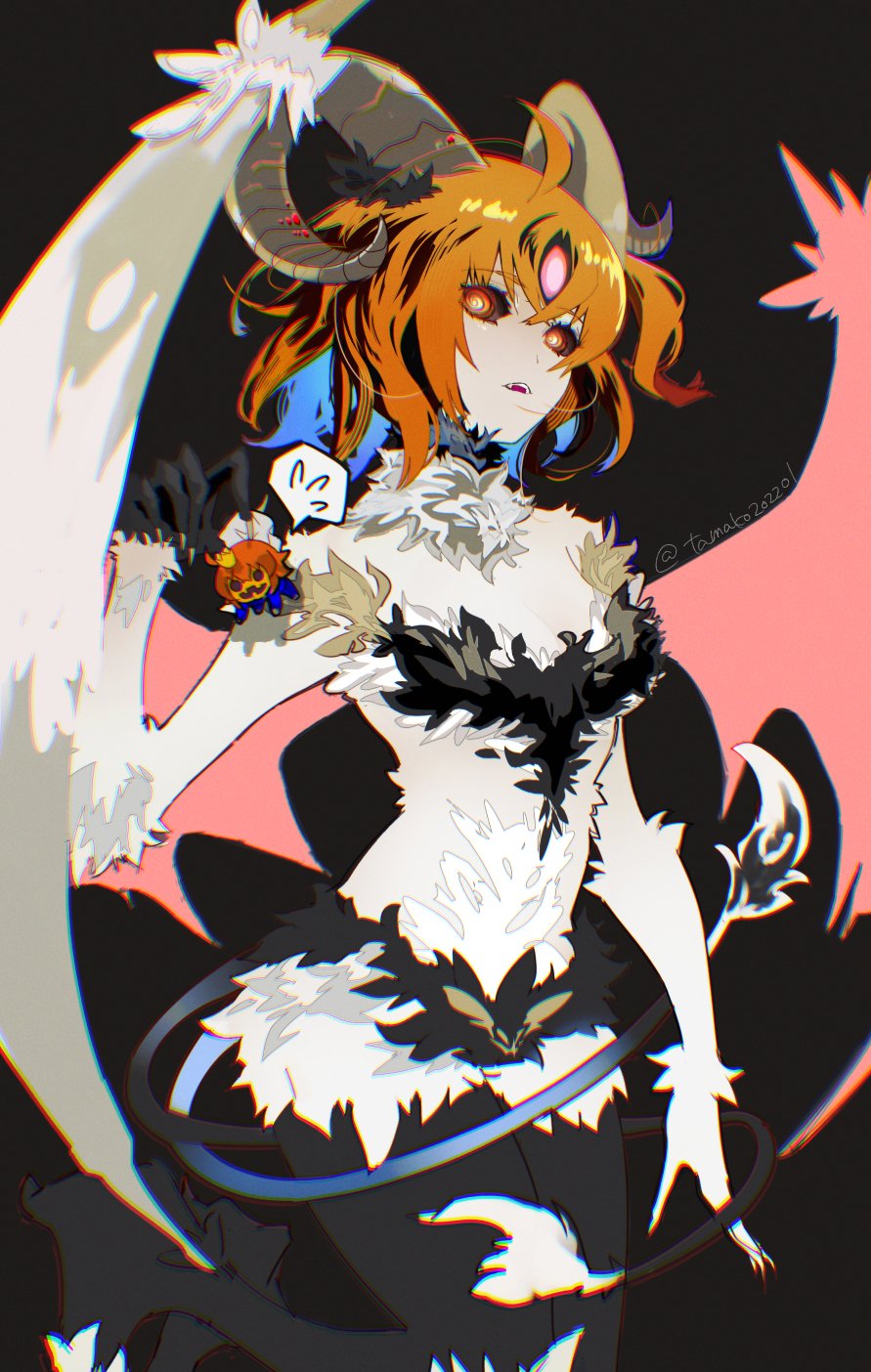 2girls @_@ animal_ears blurry body_fur breasts brown_horns chibi crown curled_horns dark_young_(fate) demon_girl demon_horns demon_wings dual_persona fate/grand_order fate_(series) fingernails fujimaru_ritsuka_(female) fujimaru_ritsuka_(female)_(halloween_royalty) fur-tipped_tail fur-trimmed_pants fur_trim goat_ears goat_horns goat_legs hair_between_eyes hanako_(onikutabetaiyo) highres horns looking_at_viewer medium_breasts medium_hair mini_crown monsterification multiple_girls open_mouth orange_hair pants pumpkin_hat sharp_fingernails short_hair tail third_eye twitter_username wings