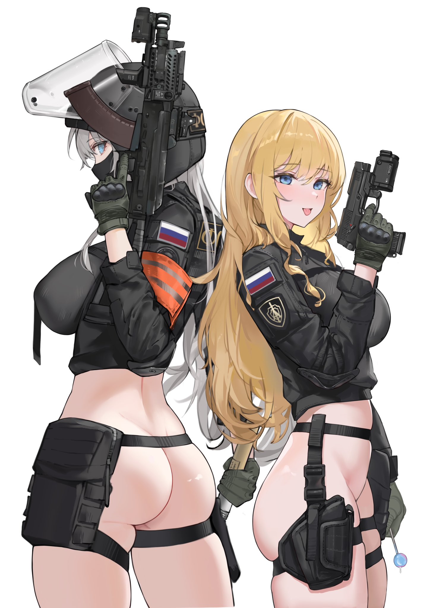 2girls ammunition_pouch armband ass assault_rifle black_jacket black_mask blonde_hair blue_eyes blush bottomless breasts candy combat_helmet cowboy_shot dual_wielding finger_on_trigger food gloves grey_hair gun handgun helmet highres holding holding_candy holding_food holding_gun holding_lollipop holding_weapon holster jacket large_breasts laser_sight load_bearing_equipment lollipop long_hair looking_at_viewer looking_back looking_to_the_side marker mask mouth_mask mp-443_grach multiple_girls optical_sight original pasgt_helmet pouch rifle russian_flag sawkm skindentation smile standing tactical_clothes thigh_holster thigh_strap tongue tongue_out vertical_foregrip very_long_hair visor_(armor) visor_lift weapon