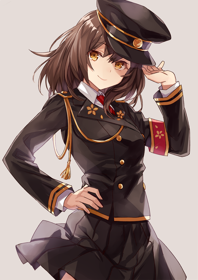 1girl ayazuki_mei black_hat black_shirt black_skirt brown_hair buttons closed_mouth collared_shirt double-breasted female_focus grey_background hand_on_headwear hand_on_own_hip hand_up hat head_tilt long_hair long_sleeves looking_at_viewer meiji_tokyo_renka military military_uniform miniskirt necktie peaked_cap pleated_skirt red_necktie shirt simple_background skirt smile solo undershirt upper_body white_shirt wing_collar yellow_eyes yuzuki_karu