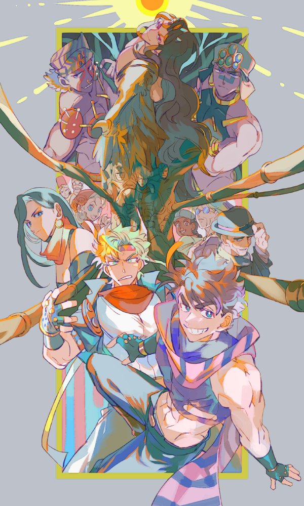abs adjusting_clothes adjusting_headwear battle_tendency black_hair blonde_hair blue_scarf brown_hair caesar_anthonio_zeppeli crop_top erina_pendleton esidisi everyone facial_mark fingerless_gloves gloves green_eyes grin harpy_boy headband jojo_no_kimyou_na_bouken joseph_joestar joseph_joestar_(young) kars_(jojo) lisa_lisa loggins_(jojo) messina_(jojo) midriff monster_boy multicolored_scarf pink_scarf red_scarf robert_e._o._speedwagon scarf senzzang smile smokey_brown stone_mask striped_clothes striped_scarf suzi_q wamuu wings