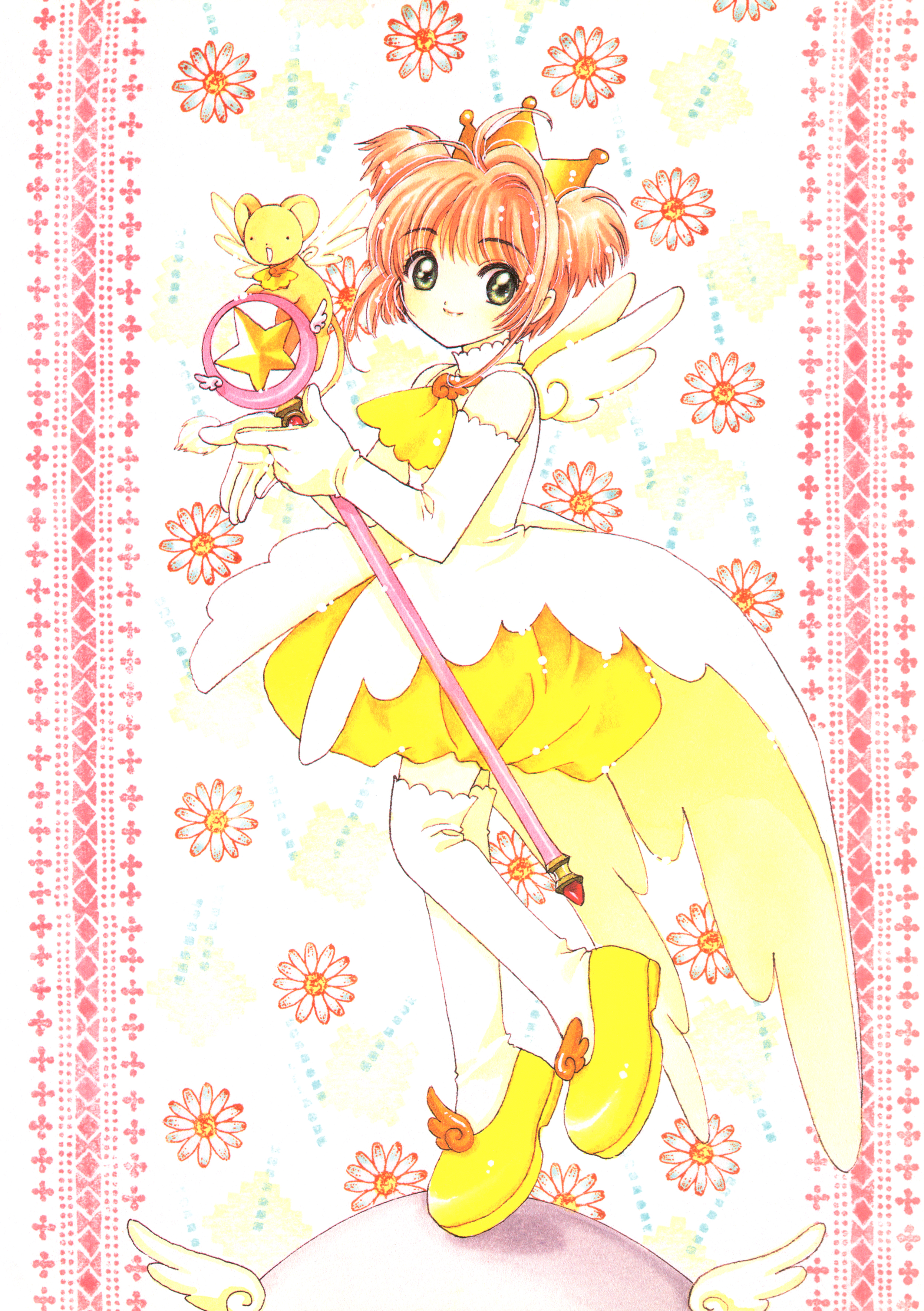 1girl absurdres cardcaptor_sakura child clamp_(circle) egg flower gloves highres kero_(cardcaptor_sakura) kinomoto_sakura kinomoto_sakura_(miraculous_sakura) official_art scan shoes smile star_(symbol) white_flower white_gloves wings yellow_shoes