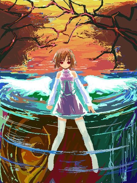 1girl :| archived_source bare_shoulders brown_hair closed_mouth detached_sleeves dress iska jaggy_lines long_sleeves looking_at_viewer no_nose original partially_submerged purple_dress red_eyes short_hair solo split_mouth spread_wings straight-on thighhighs water white_sleeves white_thighhighs white_wings wings zettai_ryouiki