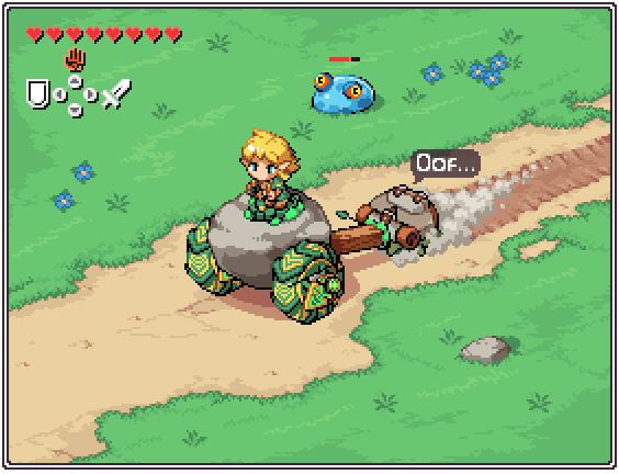 1boy archaic_set_(zelda) blonde_hair blue_flower chuchu_(zelda) dewndeym fake_screenshot flower grass korok link nintendo path pixel_art pointy_ears road rock short_hair sitting slime_(creature) tagme the_legend_of_zelda the_legend_of_zelda:_tears_of_the_kingdom zonai_device