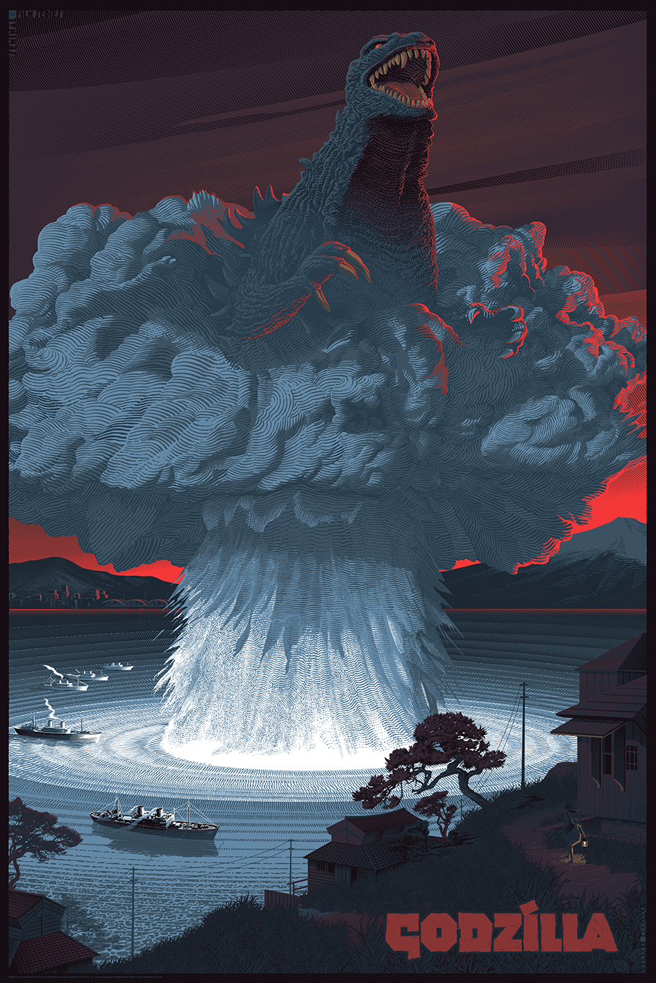 boat character_name claws clear_sky dinosaur dusk english_text epic explosion giant giant_monster glowing glowing_eyes godzilla godzilla_(1954) godzilla_(series) highres hill house kaiju lantern laurent_durieux monster mountain mushroom_cloud nuclear_explosion ocean official_art open_mouth power_lines red_eyes roaring sea_monster sharp_teeth ship sky slit_pupils smoke spikes sunset teeth toho tongue tree water watercraft yellow_teeth