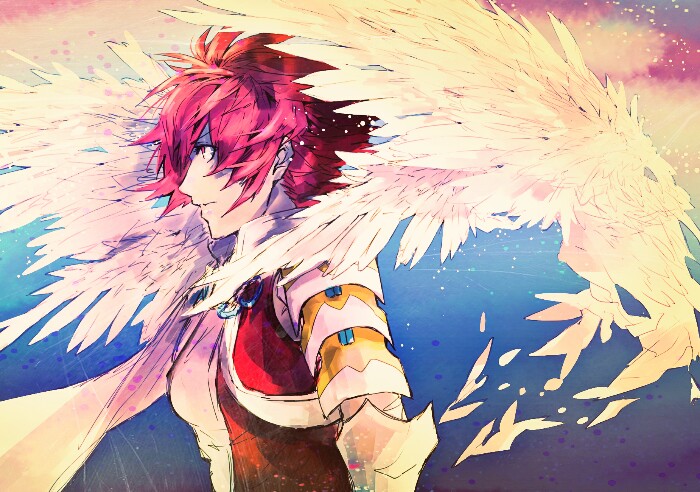 1girl breasts feathers fire_emblem fire_emblem_fates hinoka_(fire_emblem) hotate_rayan looking_to_the_side nintendo red_eyes red_hair short_hair small_breasts solo sparkle upper_body