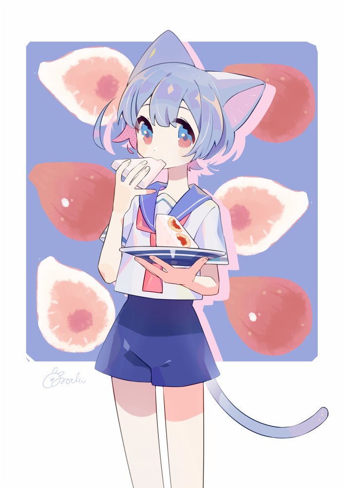1girl animal_ears blue_eyes blue_hair cat_ears cat_girl cat_tail eating food fruit fruit_sandwich holding holding_food holding_plate multicolored_eyes necktie original pink_eyes plate sailor_collar sandwich short_hair short_sleeves shorts solo sorata123 strawberry strawberry_sandwich tail
