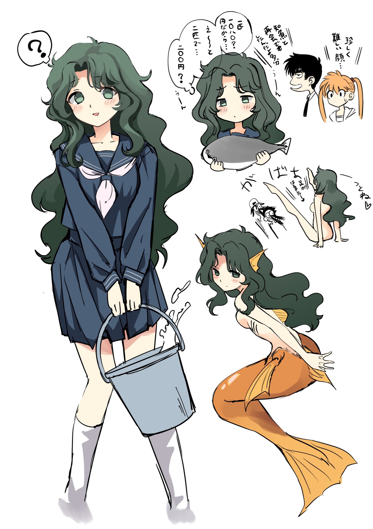 1boy 2girls ? animal barefoot black_hair black_necktie blue_shirt blue_skirt breasts bucket chiizu_ore collared_shirt fins fish green_eyes green_hair hayaoaka_(jidoku_sensei_nube) head_fins highres holding holding_animal holding_bucket holding_fish inaba_kyouko jigoku_sensei_nube long_hair mermaid monster_girl multiple_girls multiple_views neckerchief necktie nude nueno_meisuke orange_hair sacabambaspis shirt skirt small_breasts socks speech_bubble spoken_question_mark surprised thought_bubble translation_request twintails very_long_hair water white_neckerchief white_shirt white_socks