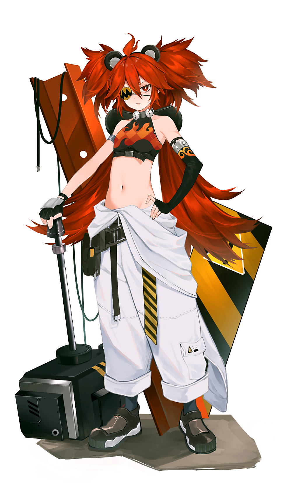 1girl ahoge animal_ears asymmetrical_gloves baggy_pants bare_shoulders bear_ears belt black_gloves black_shirt black_shoes breasts crop_top elbow_gloves eyepatch fake_animal_ears fingerless_gloves full_body gloves groin hair_between_eyes hair_bobbles hair_ornament hammer hand_on_own_hip haruhitooo highres koleda_belobog long_hair looking_at_viewer midriff navel pants pouch red_eyes red_hair shirt shoes simple_background sledgehammer sleeveless sleeveless_shirt small_breasts solo standing steel_beam tool_belt twintails uneven_gloves white_background white_pants zenless_zone_zero