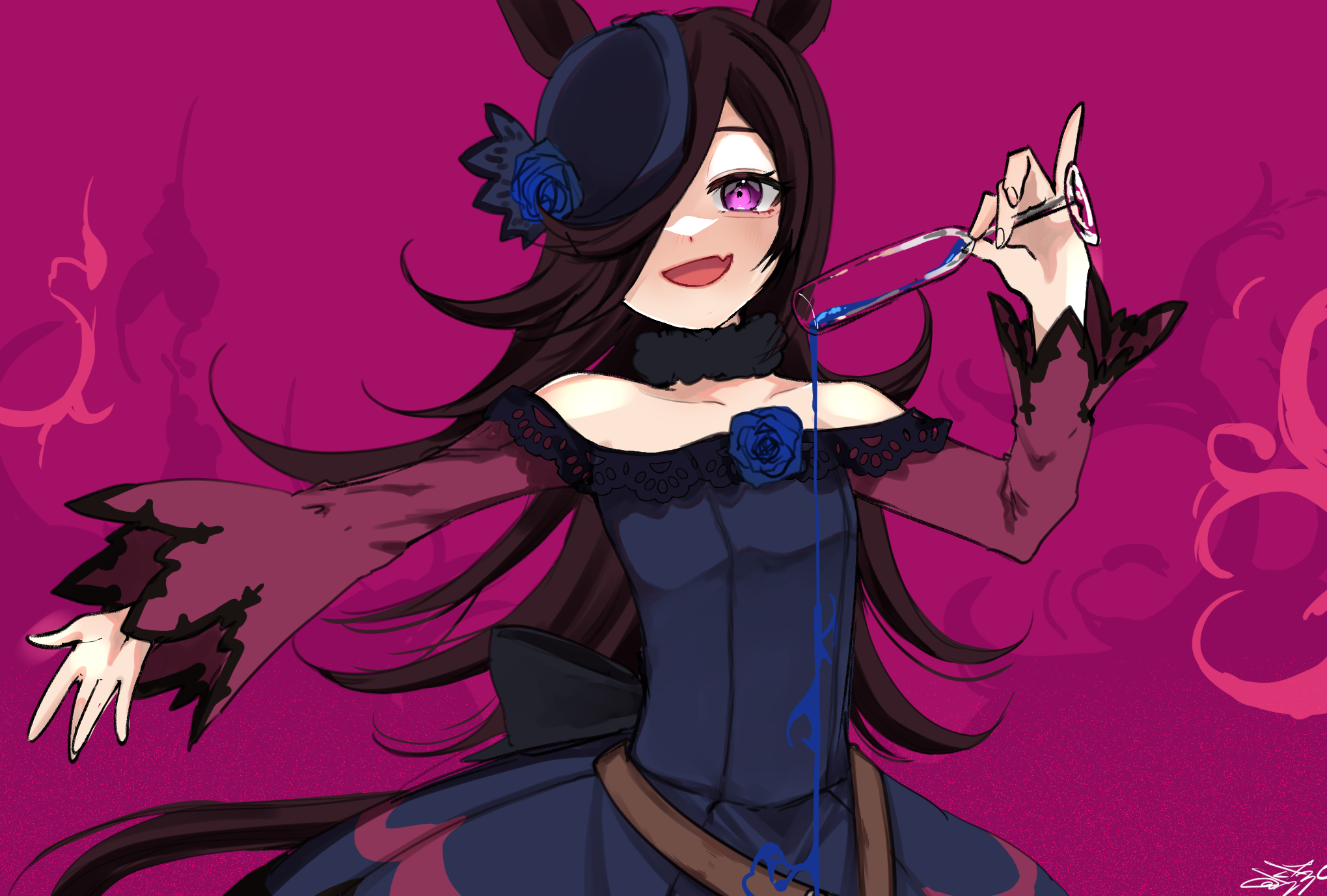 1girl animal_ears bare_shoulders blue_dress blue_flower blue_hat blue_rose breasts brown_hair champagne_flute collarbone cup dress drinking_glass fang flower fur_choker hair_over_one_eye hand_up hat highres holding holding_cup horse_ears long_hair looking_at_viewer off-shoulder_dress off_shoulder open_mouth outstretched_arm pouring purple_eyes rice_shower_(umamusume) rose skin_fang small_breasts smile solo tsukasa_(avdx5538) twitter_username umamusume upper_body