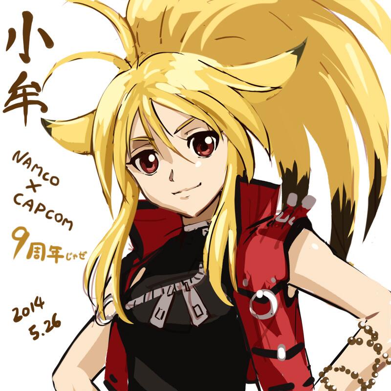 1girl animal_ears blonde_hair breasts closed_mouth cropped_jacket fox_ears haruyama_kazunori long_hair looking_at_viewer multicolored_hair namco_x_capcom red_eyes simple_background smile solo two-tone_hair vest white_background xiaomu