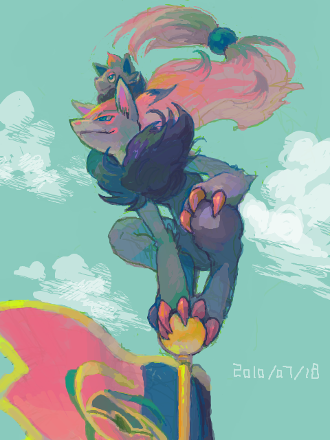 aqua_background arm_between_legs closed_mouth cloud commentary d&amp;p dated day evolutionary_line flag flagpole floating_hair full_body gen_5_pokemon hand_on_own_knee kneeling light_smile looking_ahead nintendo no_humans oekaki on_head on_top_of_pole outdoors pokemon pokemon:_zoroark:_master_of_illusions pokemon_(anime) pokemon_(creature) pokemon_dppt_(anime) pokemon_focus pole sky tegaki three_quarter_view zoroark zorua