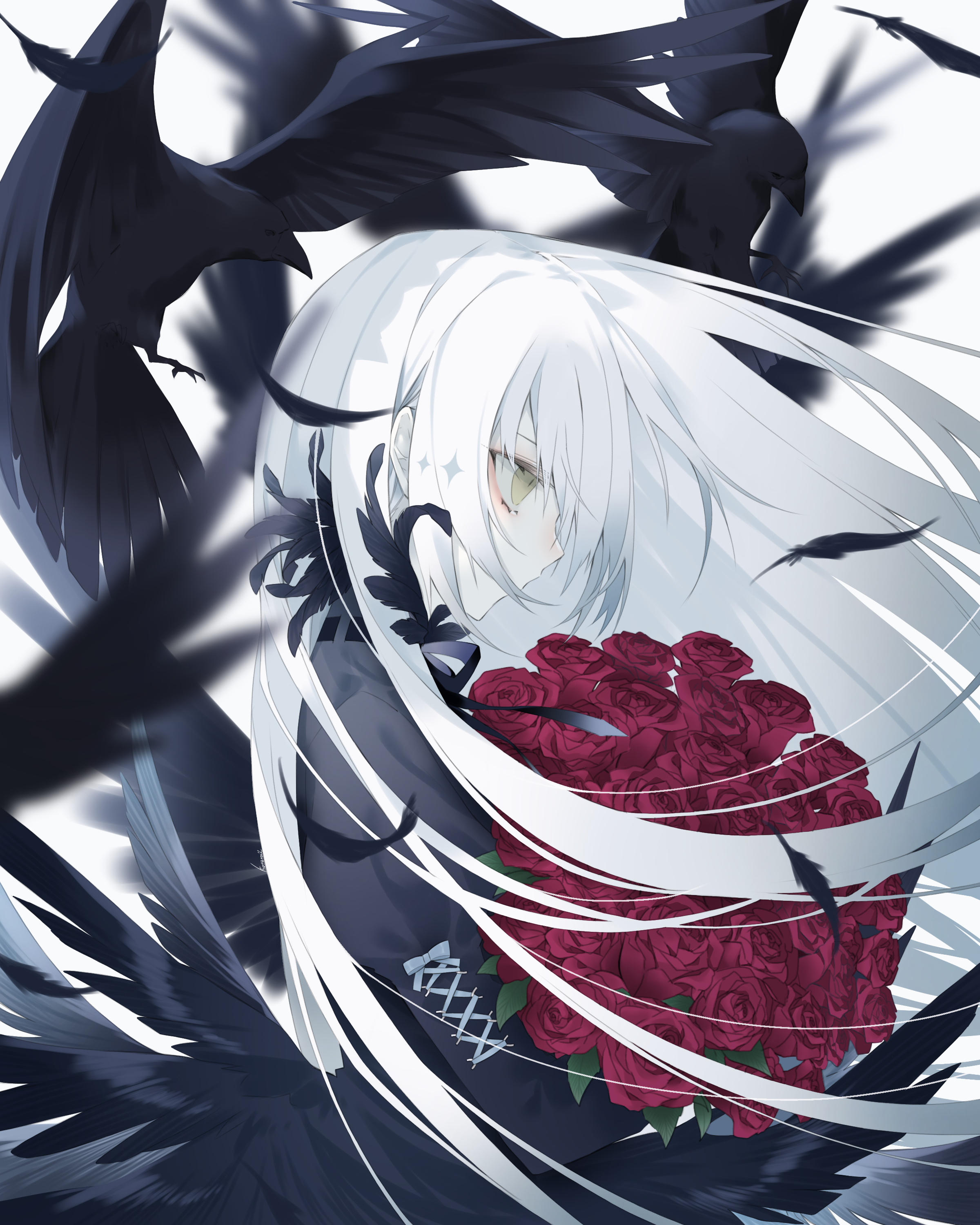 1girl absurdres bird black_bird black_dress black_feathers bouquet commentary_request crow dress falling_feathers feathers floating_hair flower from_side highres holding holding_bouquet juliet_sleeves kotarou_(kot_mochi) long_hair long_sleeves original profile puffy_sleeves red_flower red_rose rose slit_pupils solo upper_body very_long_hair white_hair yellow_eyes