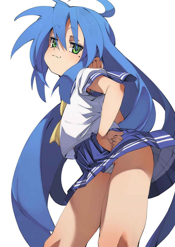 1girl ahoge blue_hair blue_skirt commentary_request eyes_visible_through_hair fingernails fu-ta green_eyes hand_on_own_hip izumi_konata long_hair looking_at_viewer lucky_star mole mole_under_eye panties pantyshot ryouou_school_uniform school_uniform serafuku shirt short_hair skirt smile solo standing striped_clothes striped_panties thighs underwear very_long_hair white_shirt