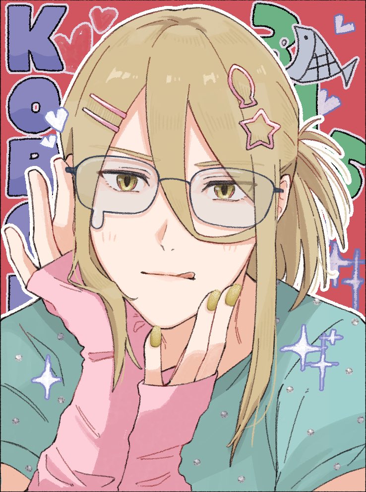 1boy :q blonde_hair glasses gold_nails green_shirt hair_ornament hairclip idolmaster idolmaster_side-m koron_chris long_hair looking_at_viewer male_focus outline pink_arm_warmers portrait red_background shirt short_sleeves solo teardrop-framed_glasses tongue tongue_out white_outline yellow_eyes zbzb_sea