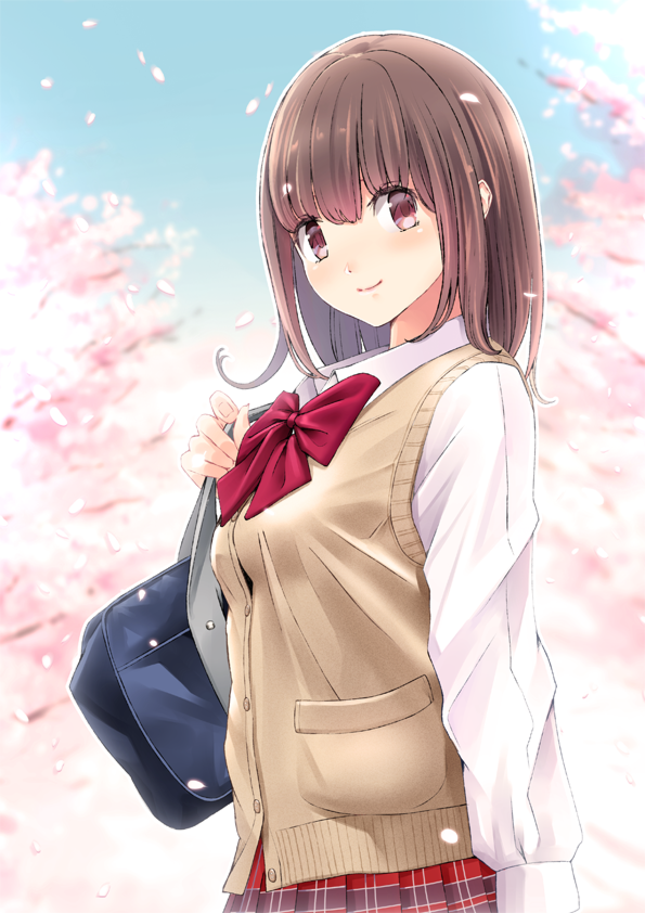 1girl bad_id bad_pixiv_id bag blouse blush bow bowtie breasts brown_eyes brown_hair cardigan_vest cherry_blossoms chikuwa_(glossymmmk) chikuwa_(odennabe) closed_mouth day female_focus holding holding_bag long_sleeves looking_at_viewer medium_breasts original outdoors petals plaid_clothes plaid_skirt pleated_skirt red_bow red_bowtie red_skirt school_bag shirt skirt smile solo spring_(season) sweater_vest uniform upper_body white_shirt